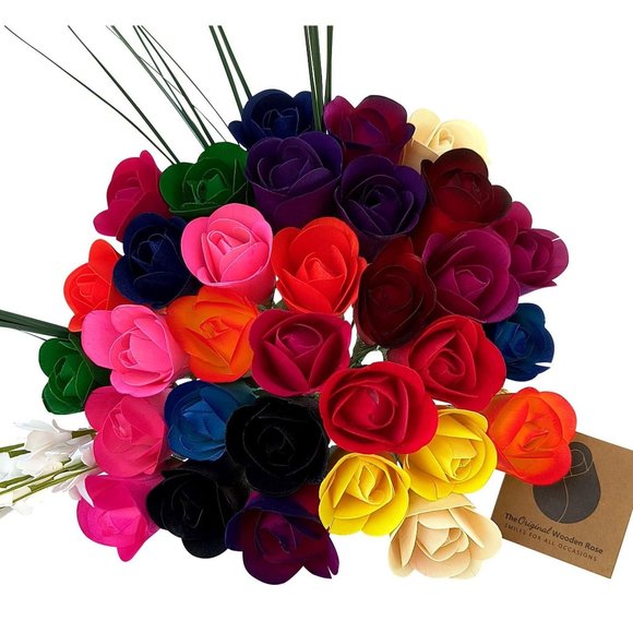 32 Assorted Half Open Bud Wooden Rose Bouquet. The Original Wooden Rose - Picture 1 of 9
